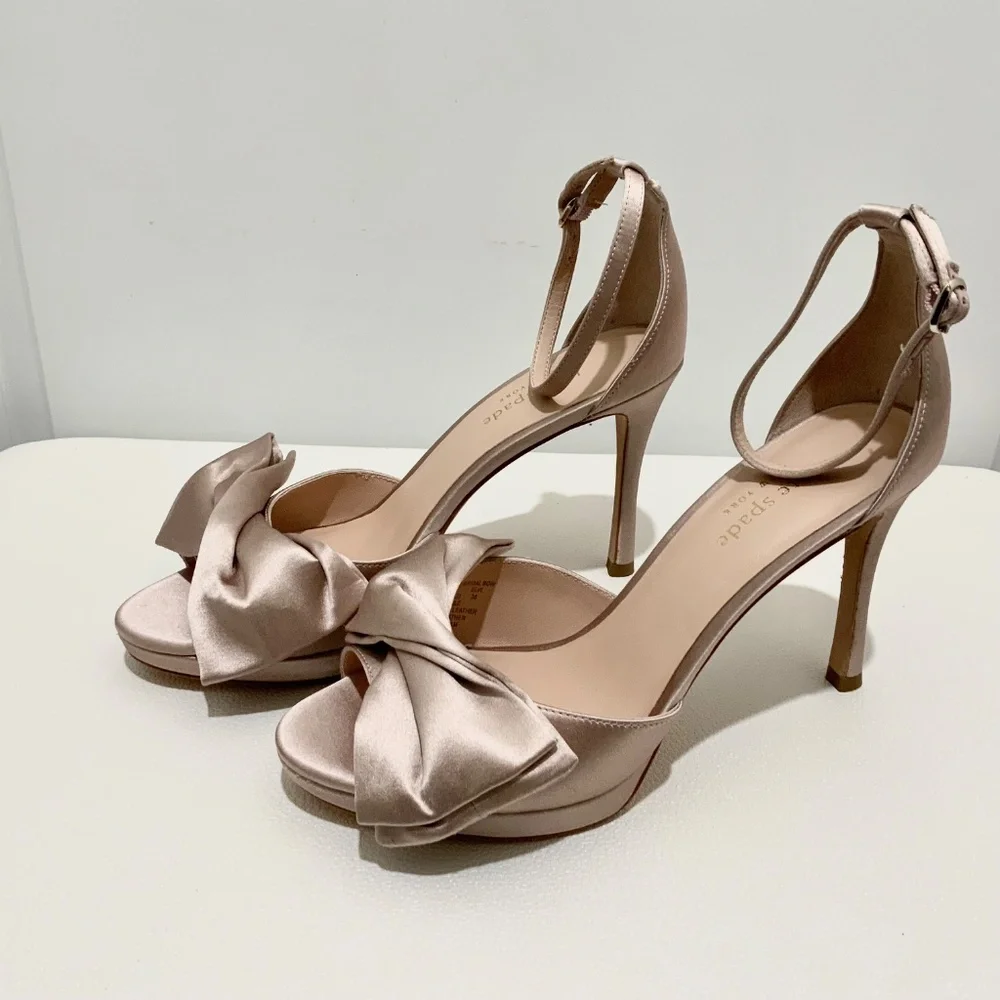 Kate Spade Bridal Bow Champagne Satin Platform Sandal Stiletto Heel Evening pump